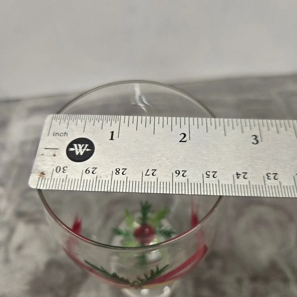 Hand Painted Christmas Wine Glass Holiday Rings Red Bow Candy Cane Stem 9 inch